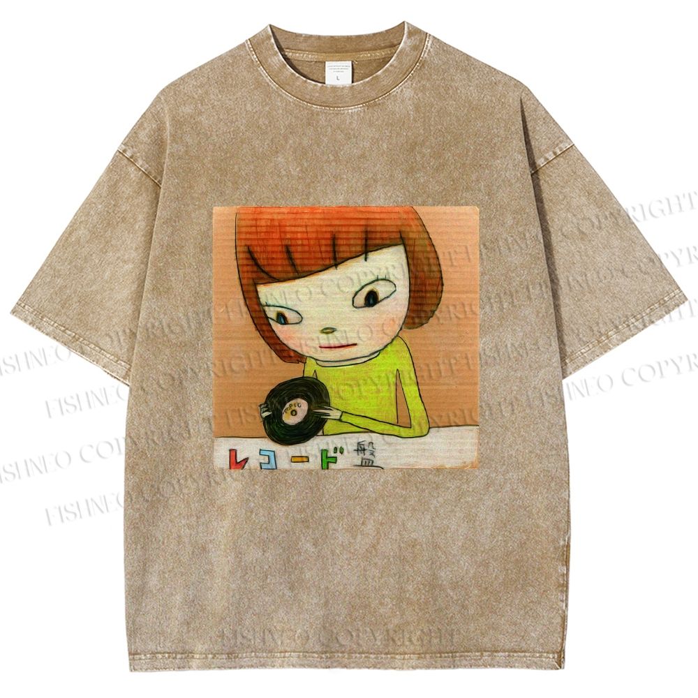 Unisex Yoshitomo Nara Holding Vinyl Record Printed Washed Tee
