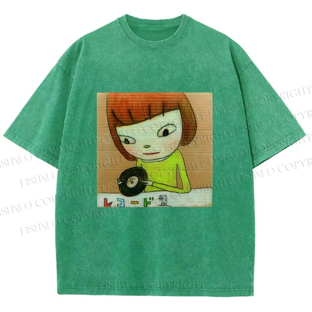 Unisex Yoshitomo Nara Holding Vinyl Record Printed Washed Tee