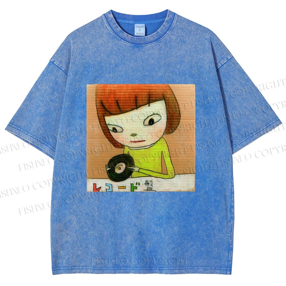 Unisex Yoshitomo Nara Holding Vinyl Record Printed Washed Tee