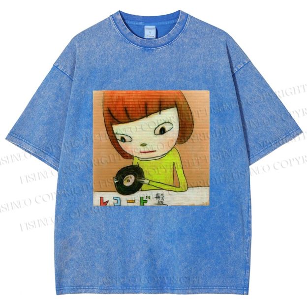 Unisex Yoshitomo Nara Holding Vinyl Record Printed Washed Tee