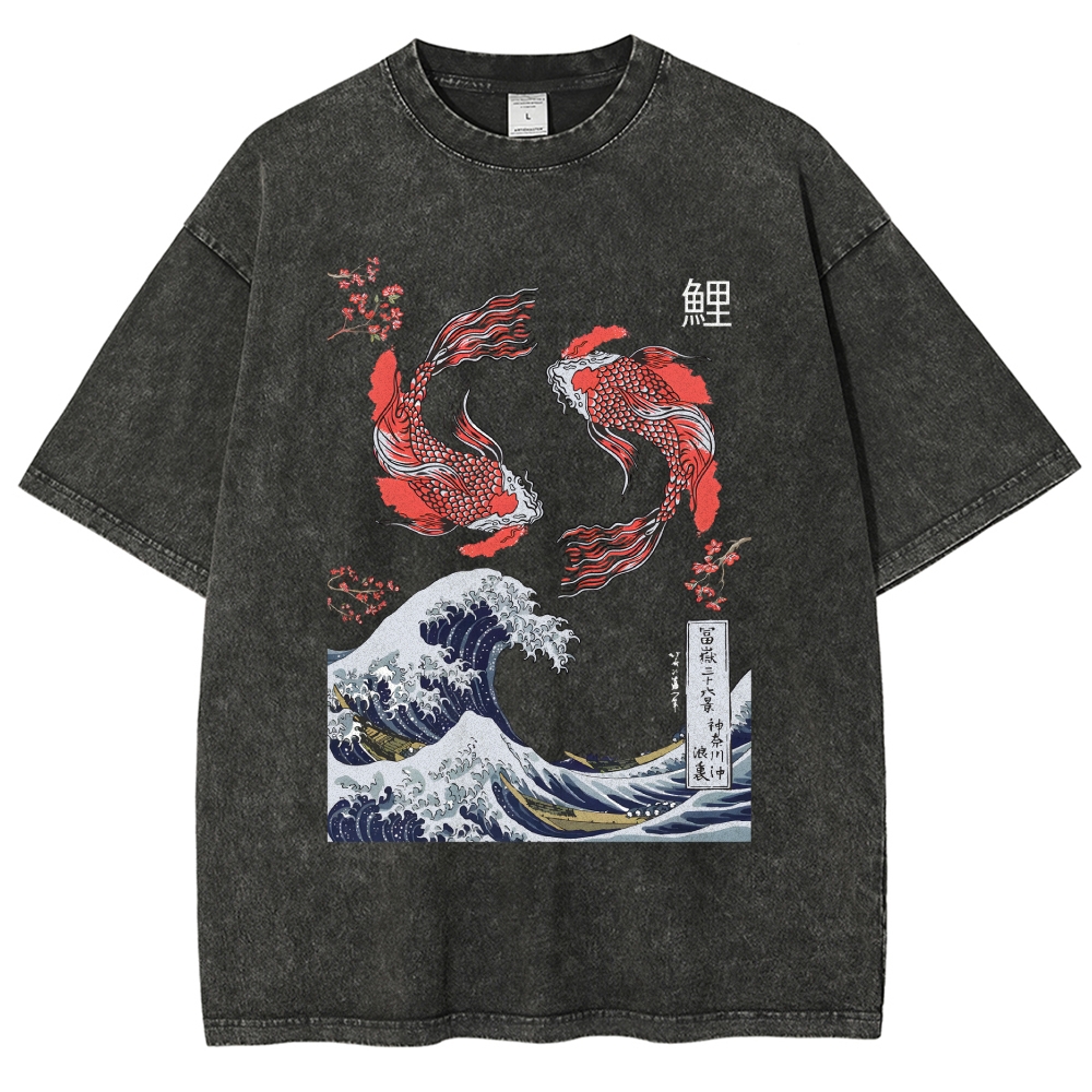 Yin Yang The Great Wave Off Koi Fish Japanese Art Vintage Washed T-shirt