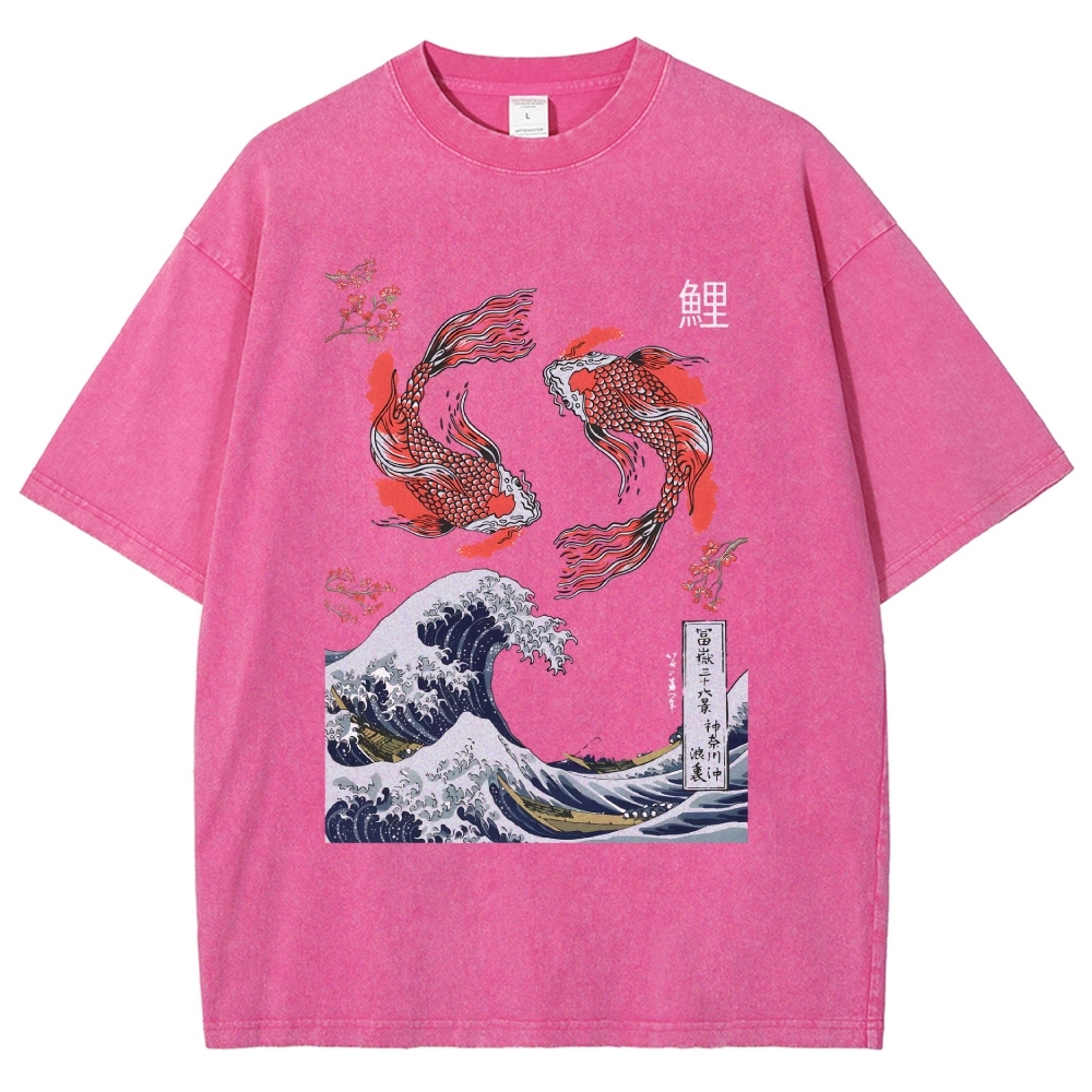 Yin Yang The Great Wave Off Koi Fish Japanese Art Vintage Washed T-shirt