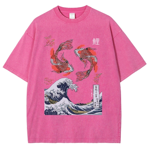 Yin Yang The Great Wave Off Koi Fish Japanese Art Vintage Washed T-shirt
