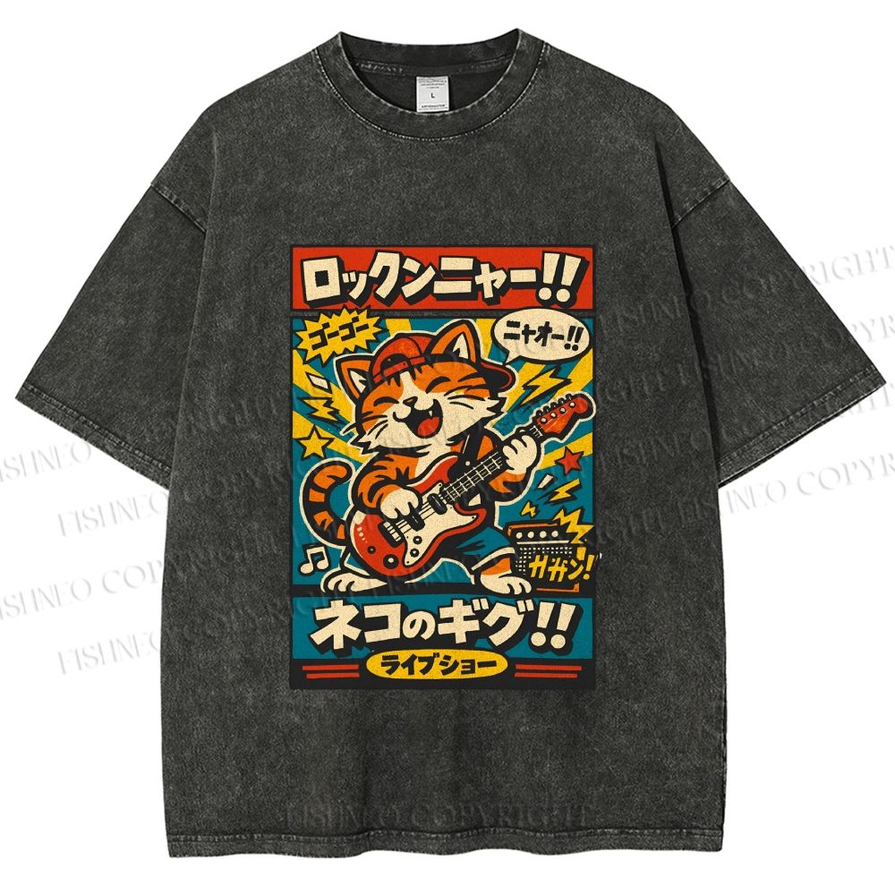 Unisex Japanese Cat Band Poster Printed Washed Tee