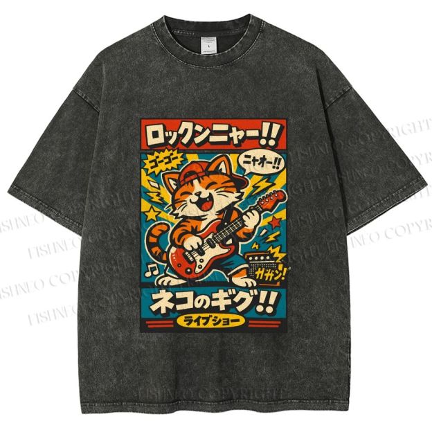 Unisex Japanese Cat Band Poster Printed Washed Tee