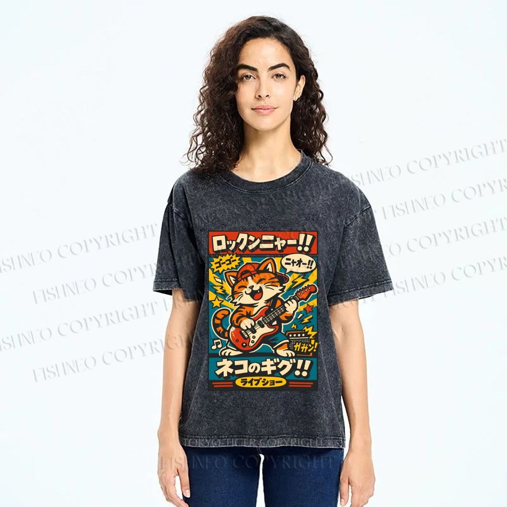 Unisex Japanese Cat Band Poster Printed Washed Tee