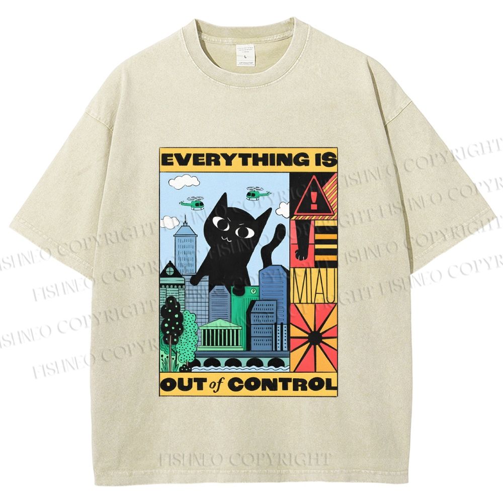 Unisex Giant Black Cat Everything is Out of Control Printed Washed Tee