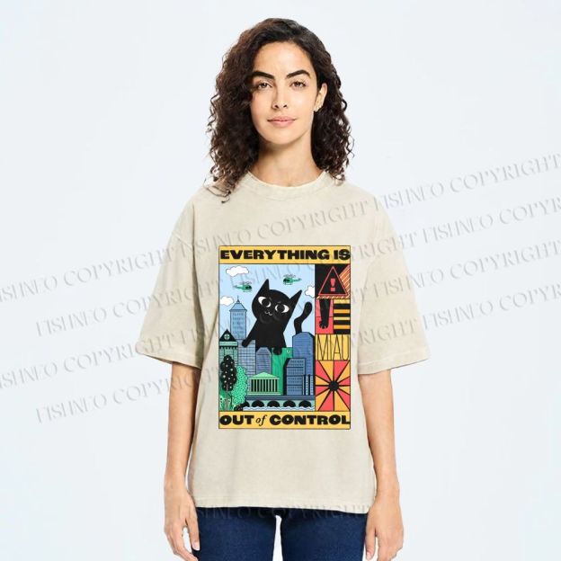 Unisex Giant Black Cat Everything is Out of Control Printed Washed Tee