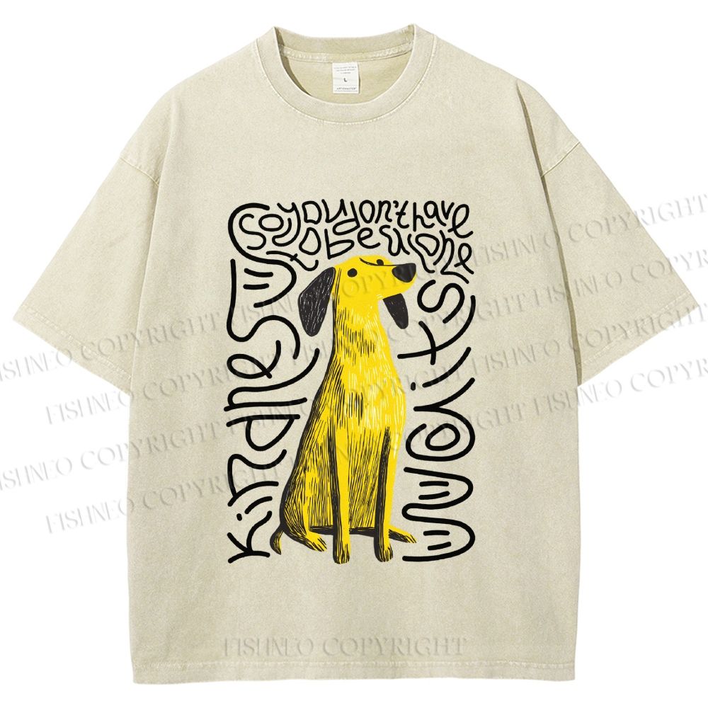 Unisex Yellow Dog With Line Printed Washed Tee