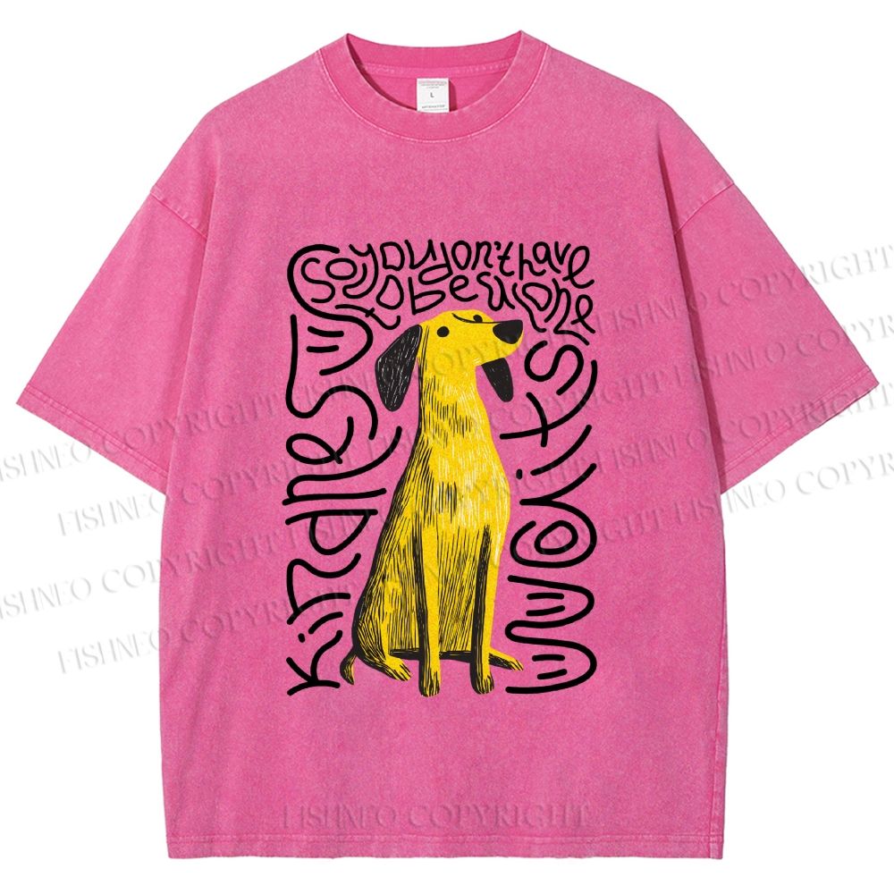 Unisex Yellow Dog With Line Printed Washed Tee