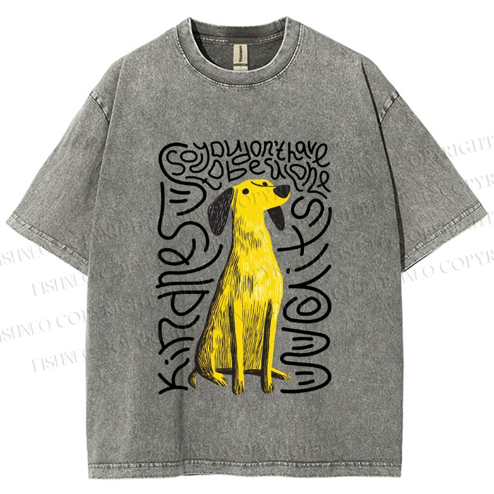 Unisex Yellow Dog With Line Printed Washed Tee