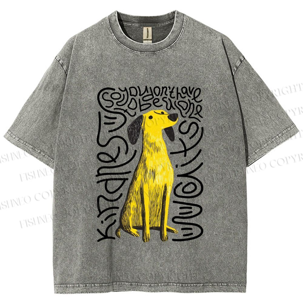 Unisex Yellow Dog With Line Printed Washed Tee