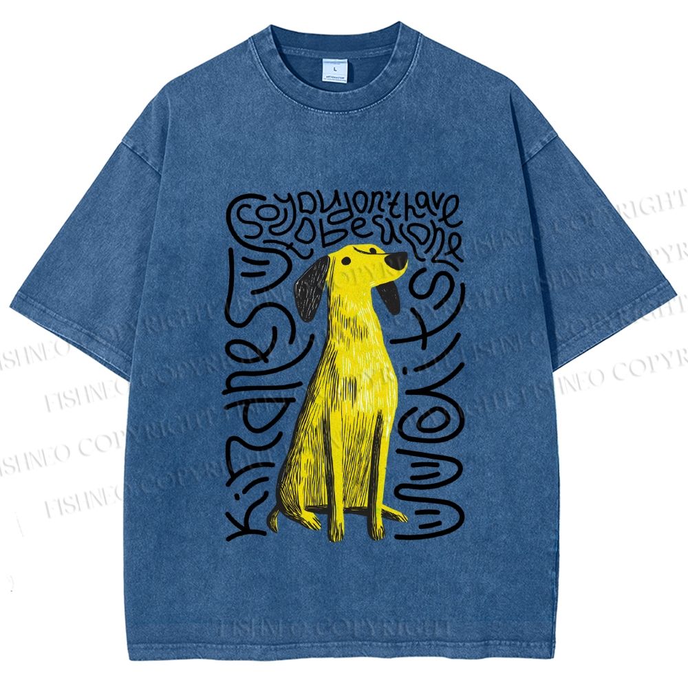 Unisex Yellow Dog With Line Printed Washed Tee