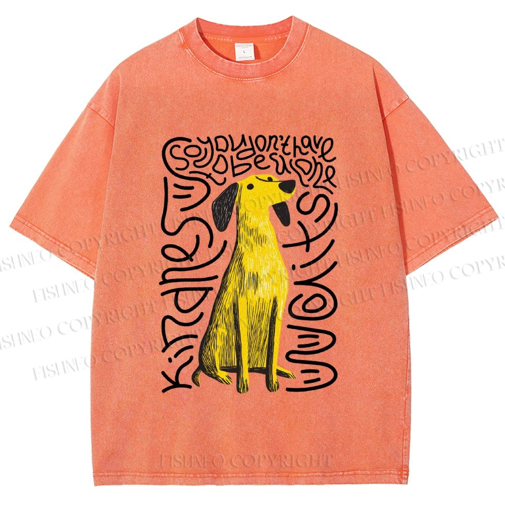 Unisex Yellow Dog With Line Printed Washed Tee