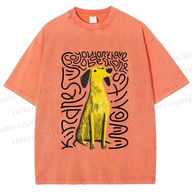Unisex Yellow Dog With Line Printed Washed Tee