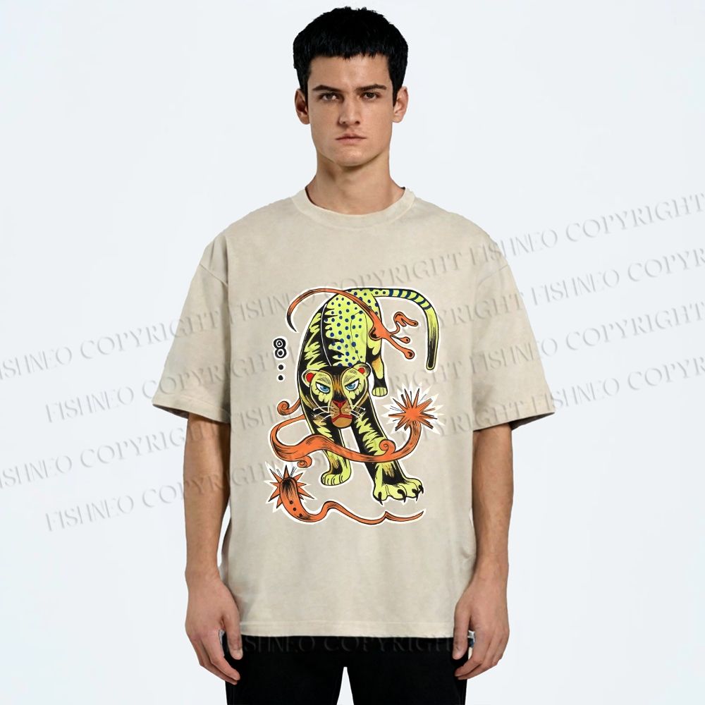 Unisex Vintage Panther Printed Washed Tee
