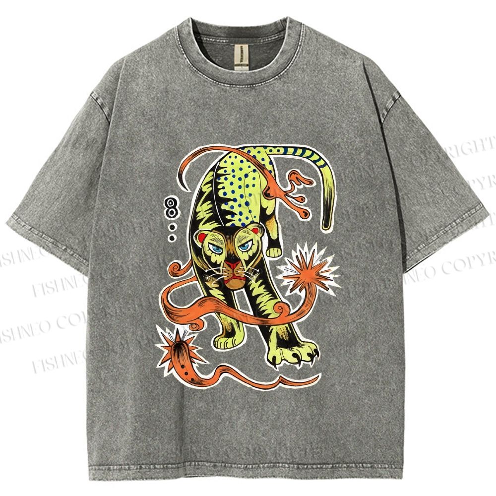Unisex Vintage Panther Printed Washed Tee
