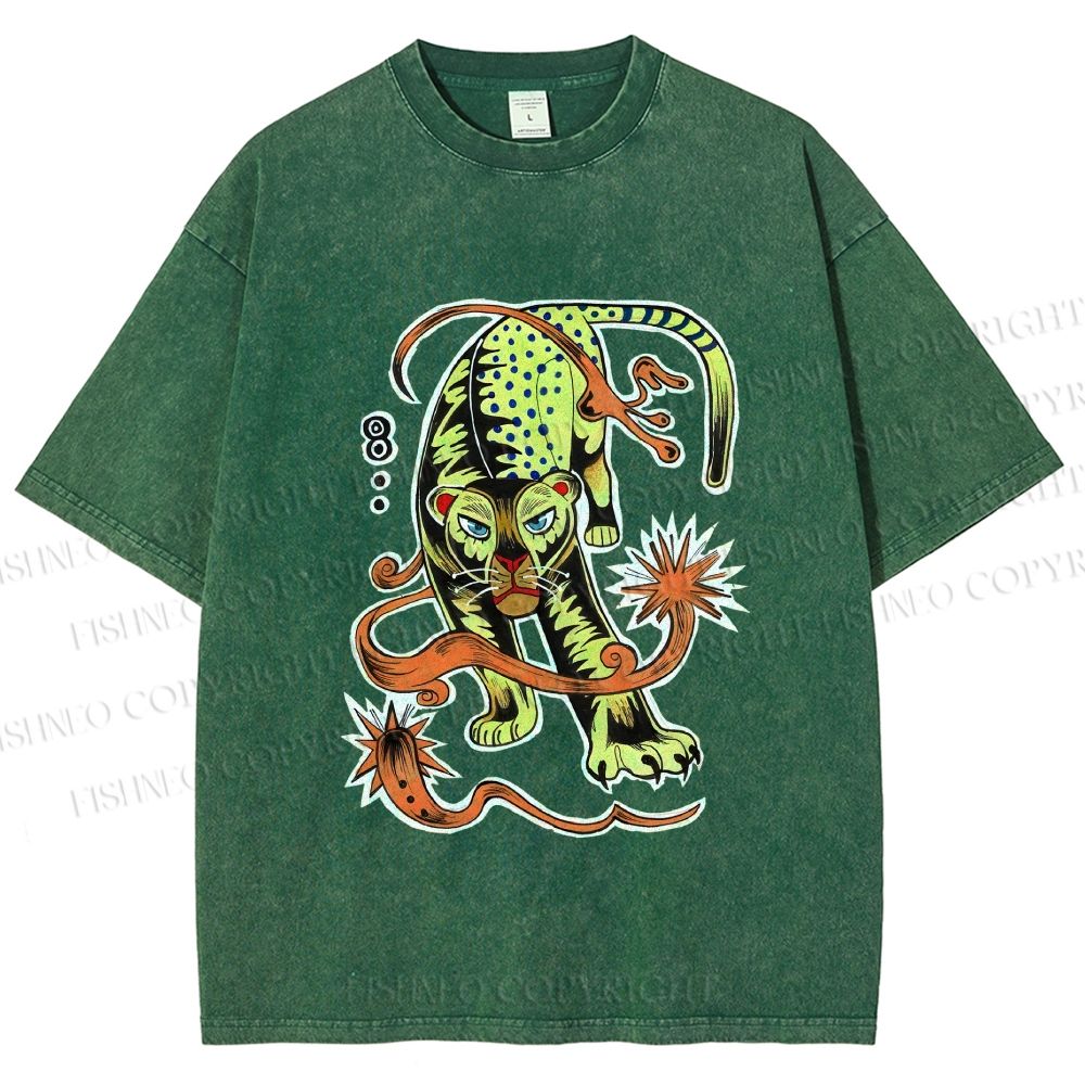 Unisex Vintage Panther Printed Washed Tee
