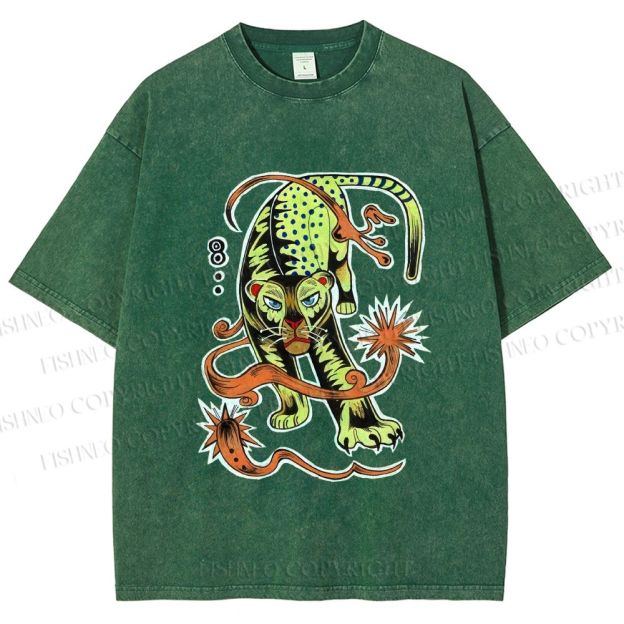 Unisex Vintage Panther Printed Washed Tee