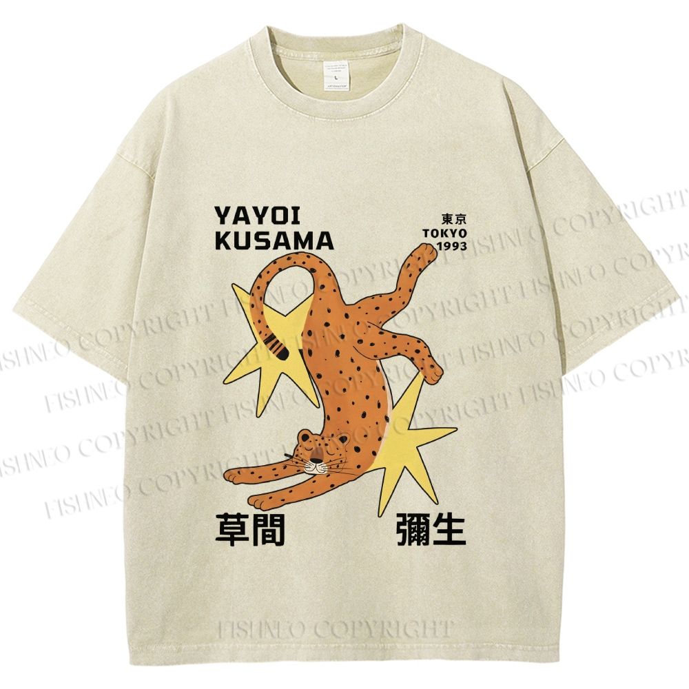 Unisex Yayoi Kusama Funny Panther With Stars Printed Washed Tee