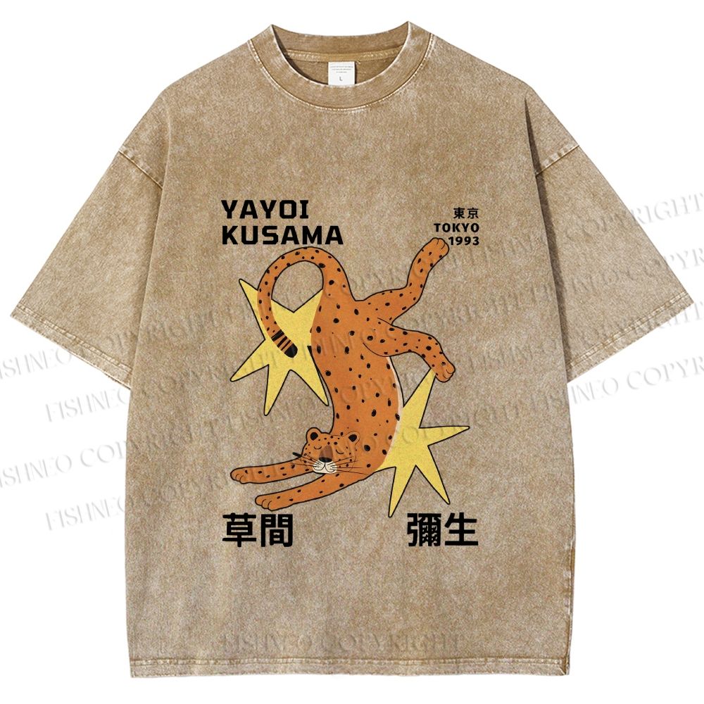 Unisex Yayoi Kusama Funny Panther With Stars Printed Washed Tee