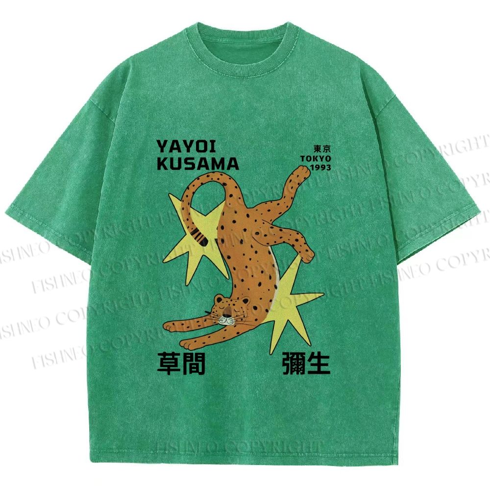 Unisex Yayoi Kusama Funny Panther With Stars Printed Washed Tee