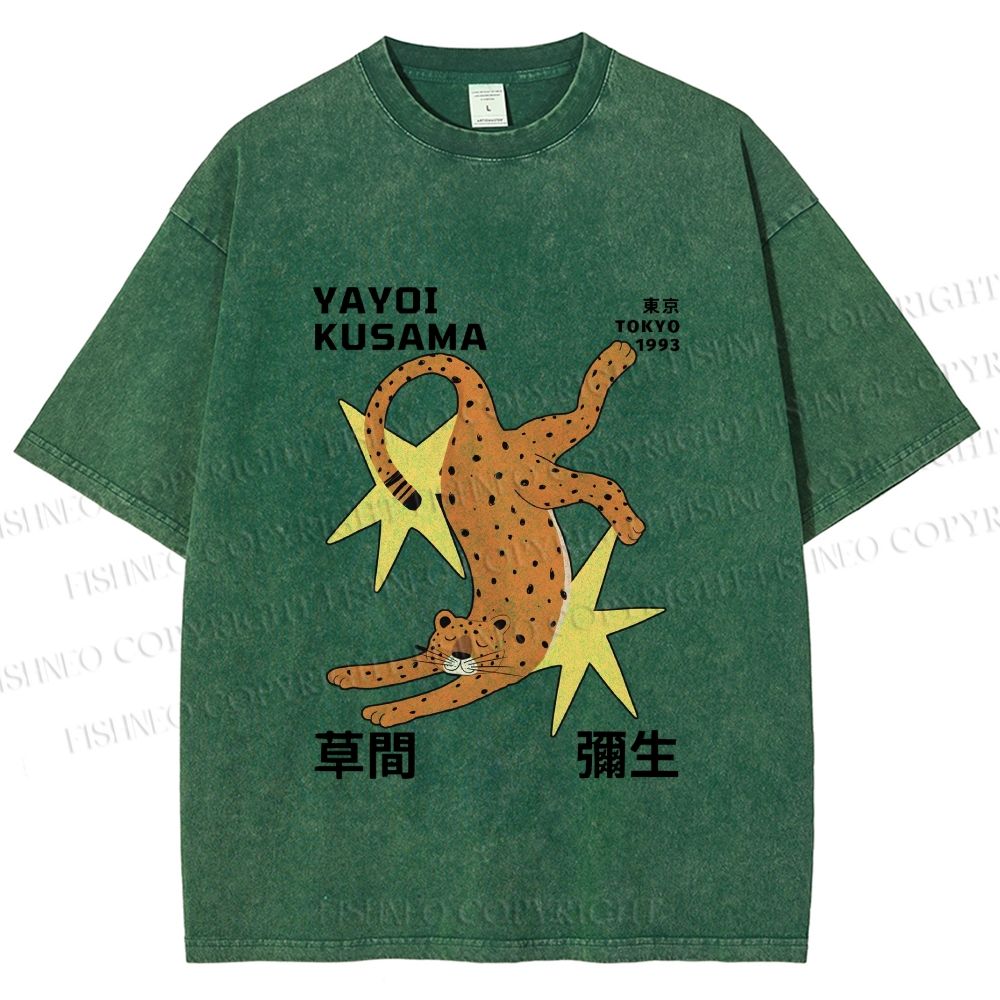 Unisex Yayoi Kusama Funny Panther With Stars Printed Washed Tee