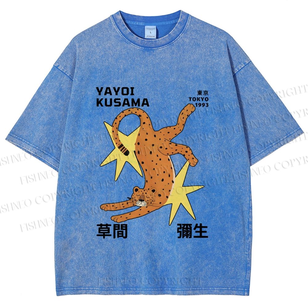 Unisex Yayoi Kusama Funny Panther With Stars Printed Washed Tee