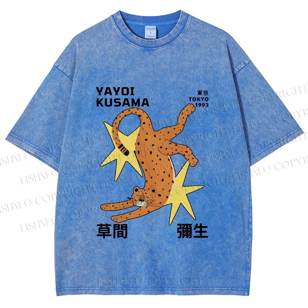Unisex Yayoi Kusama Funny Panther With Stars Printed Washed Tee