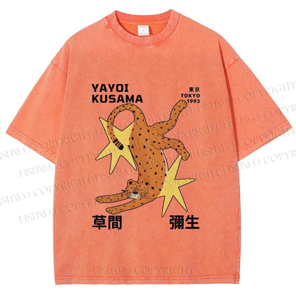 Unisex Yayoi Kusama Funny Panther With Stars Printed Washed Tee