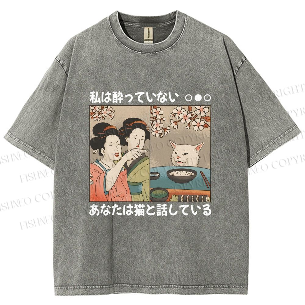  Japanese Woman Shouting at a Cat Washed T-Shirt