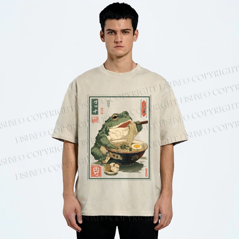 Unisex Frog Ramen Printed Washed Tee