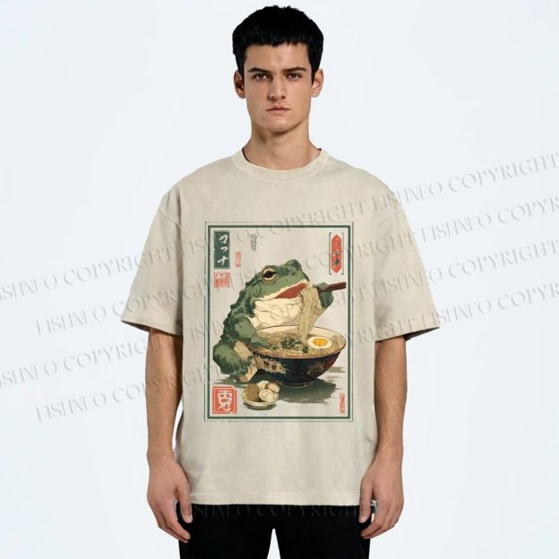 Unisex Frog Ramen Printed Washed Tee