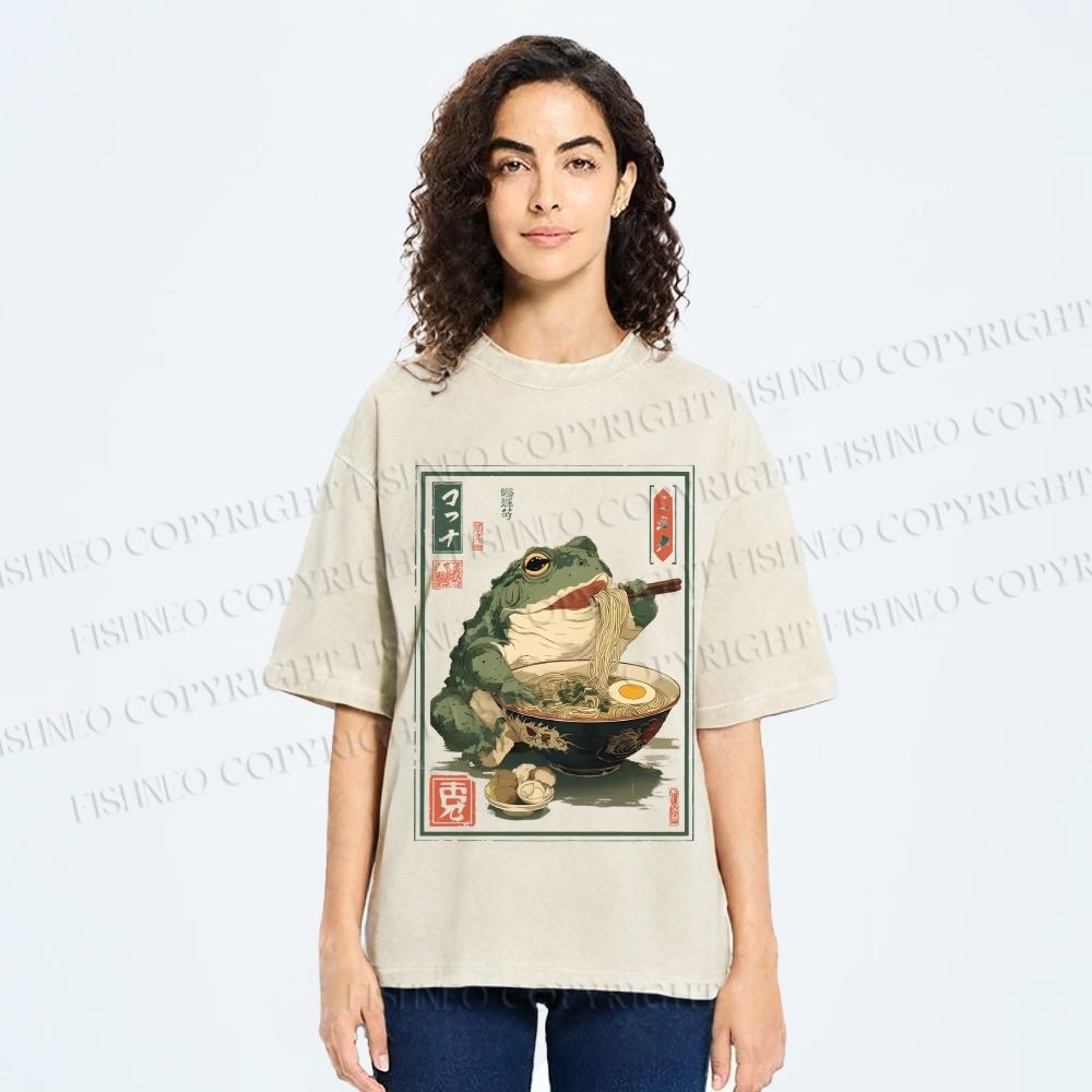 Unisex Frog Ramen Printed Washed Tee