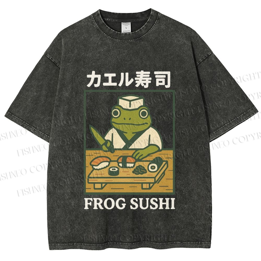 Unisex Frog Sushi Printed Washed Tee