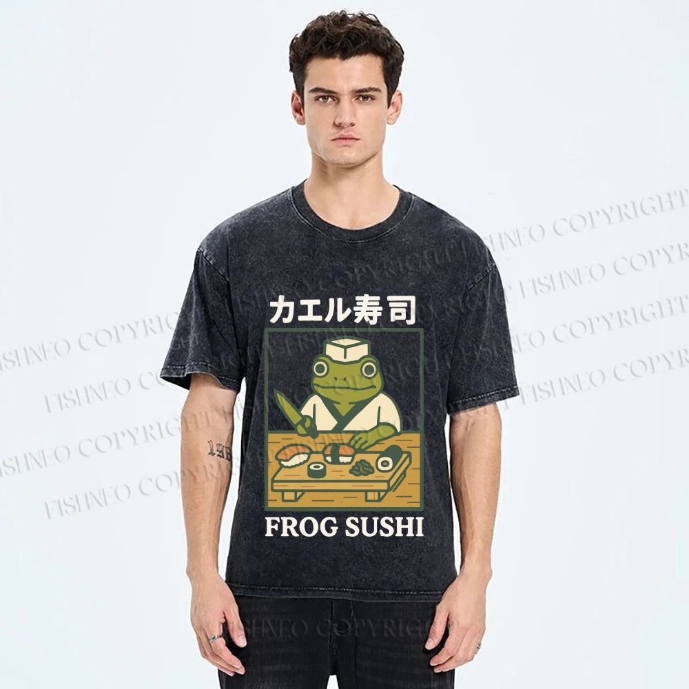 Unisex Frog Sushi Printed Washed Tee