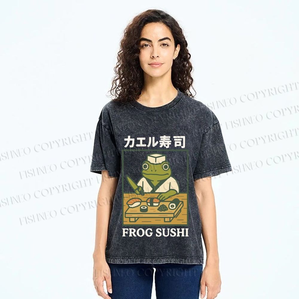 Unisex Frog Sushi Printed Washed Tee