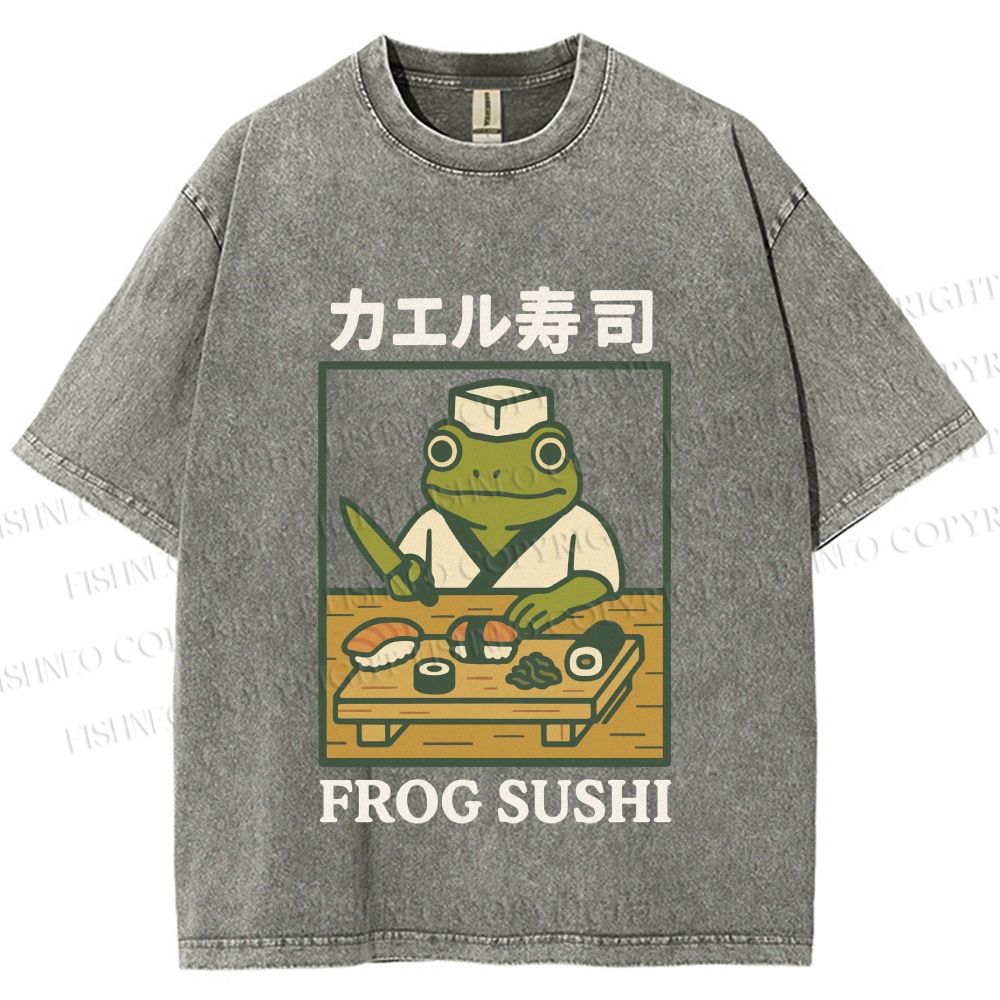 Unisex Frog Sushi Printed Washed Tee