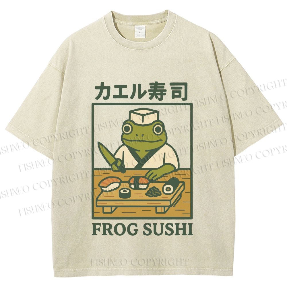 Unisex Frog Sushi Printed Washed Tee