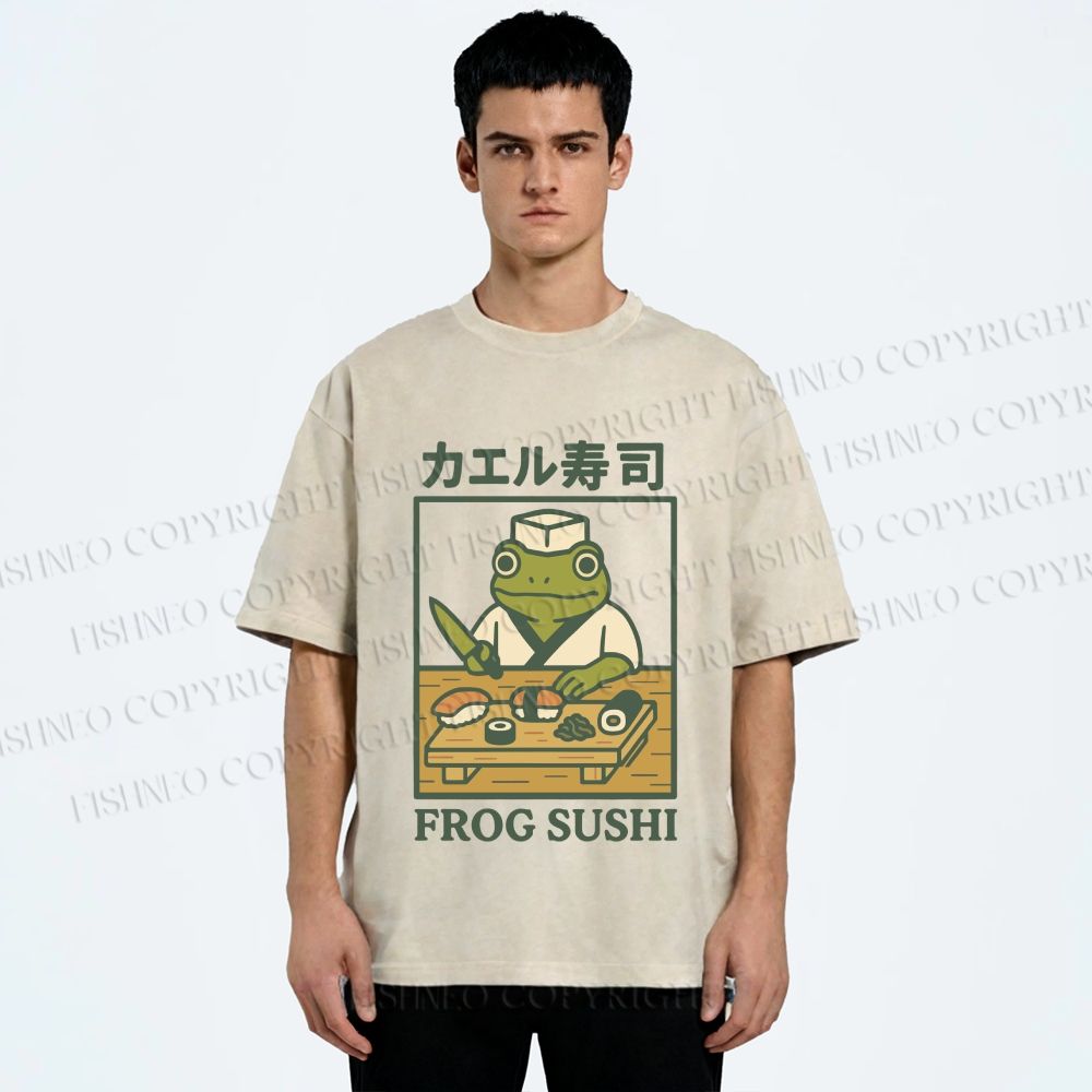 Unisex Frog Sushi Printed Washed Tee