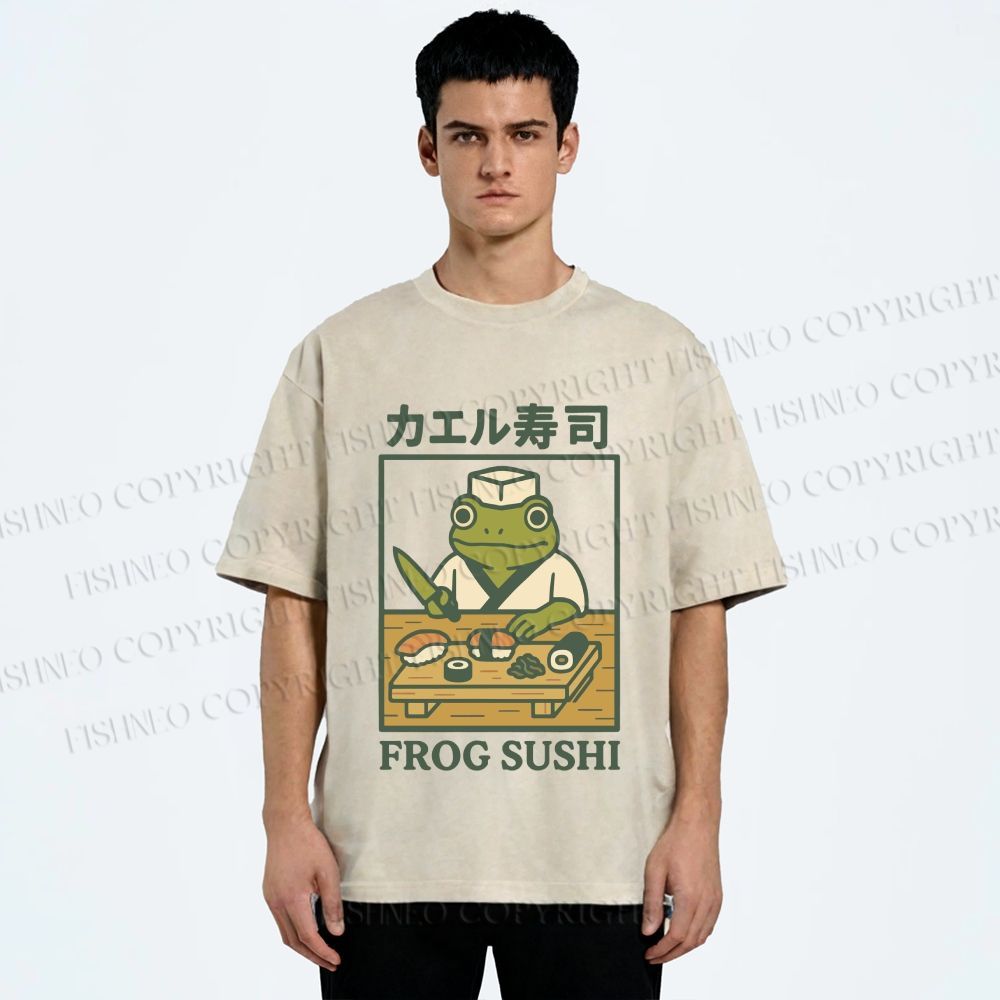 Unisex Frog Sushi Printed Washed Tee