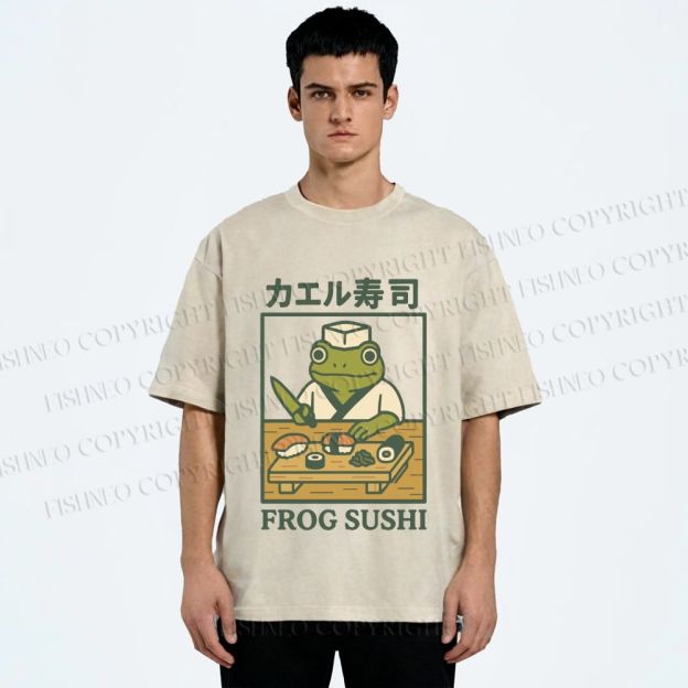 Unisex Frog Sushi Printed Washed Tee