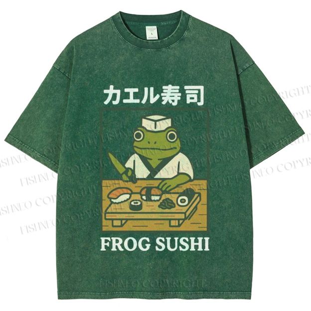 Unisex Frog Sushi Printed Washed Tee