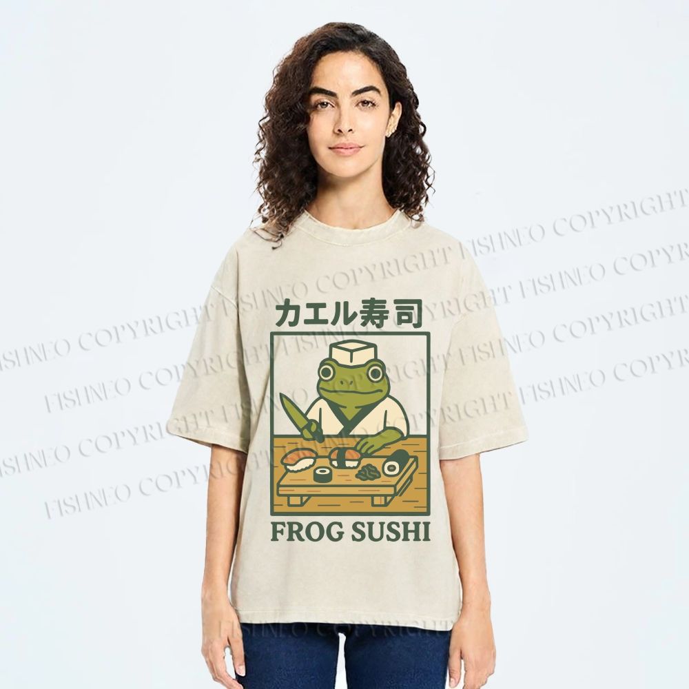 Unisex Frog Sushi Printed Washed Tee
