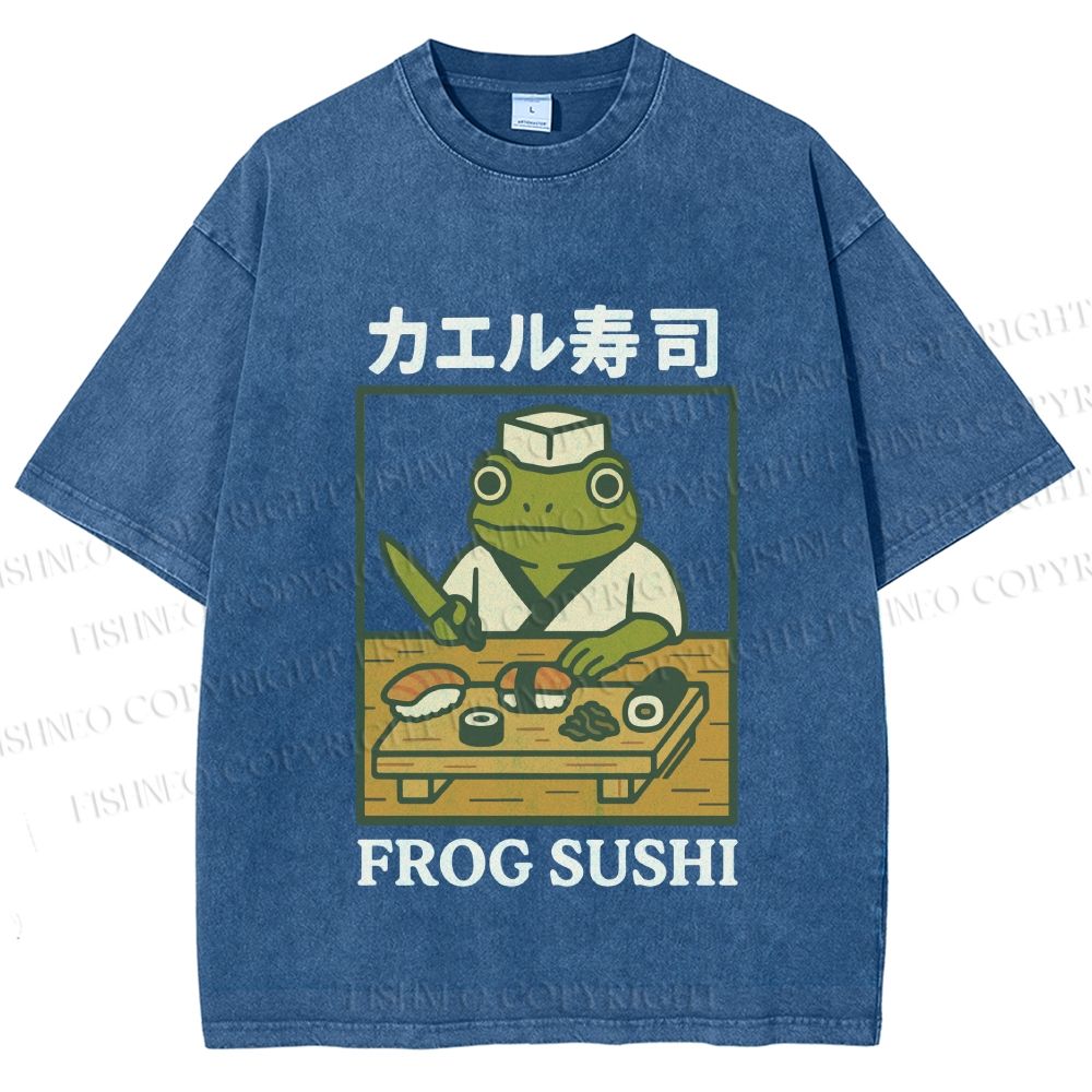 Unisex Frog Sushi Printed Washed Tee