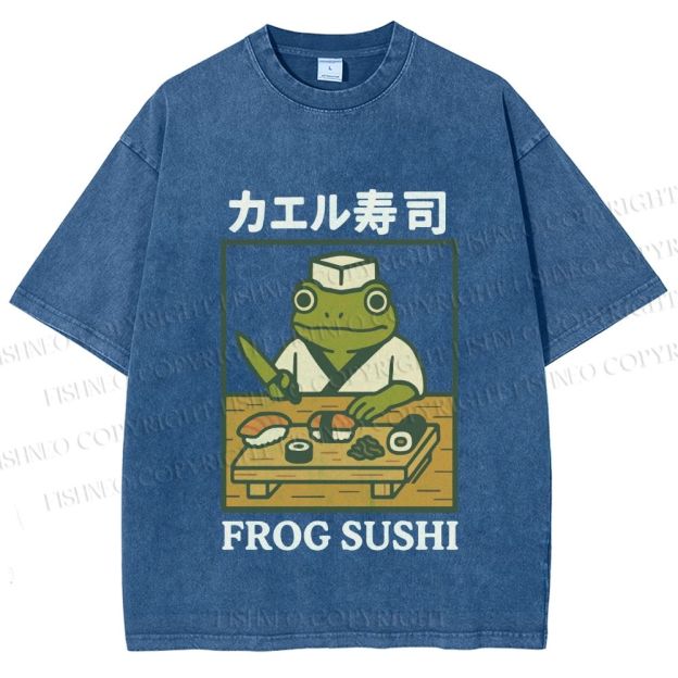 Unisex Frog Sushi Printed Washed Tee