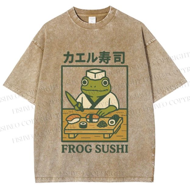 Unisex Frog Sushi Printed Washed Tee