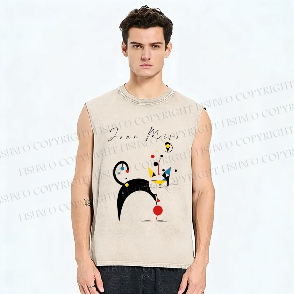 Unisex Joan Miro Cat Printed Washed Tank Top