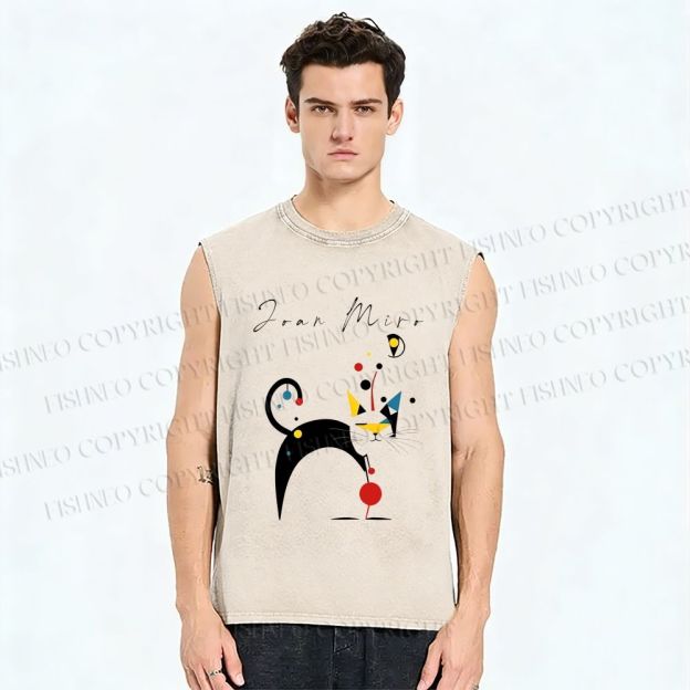 Unisex Joan Miro Cat Printed Washed Tank Top