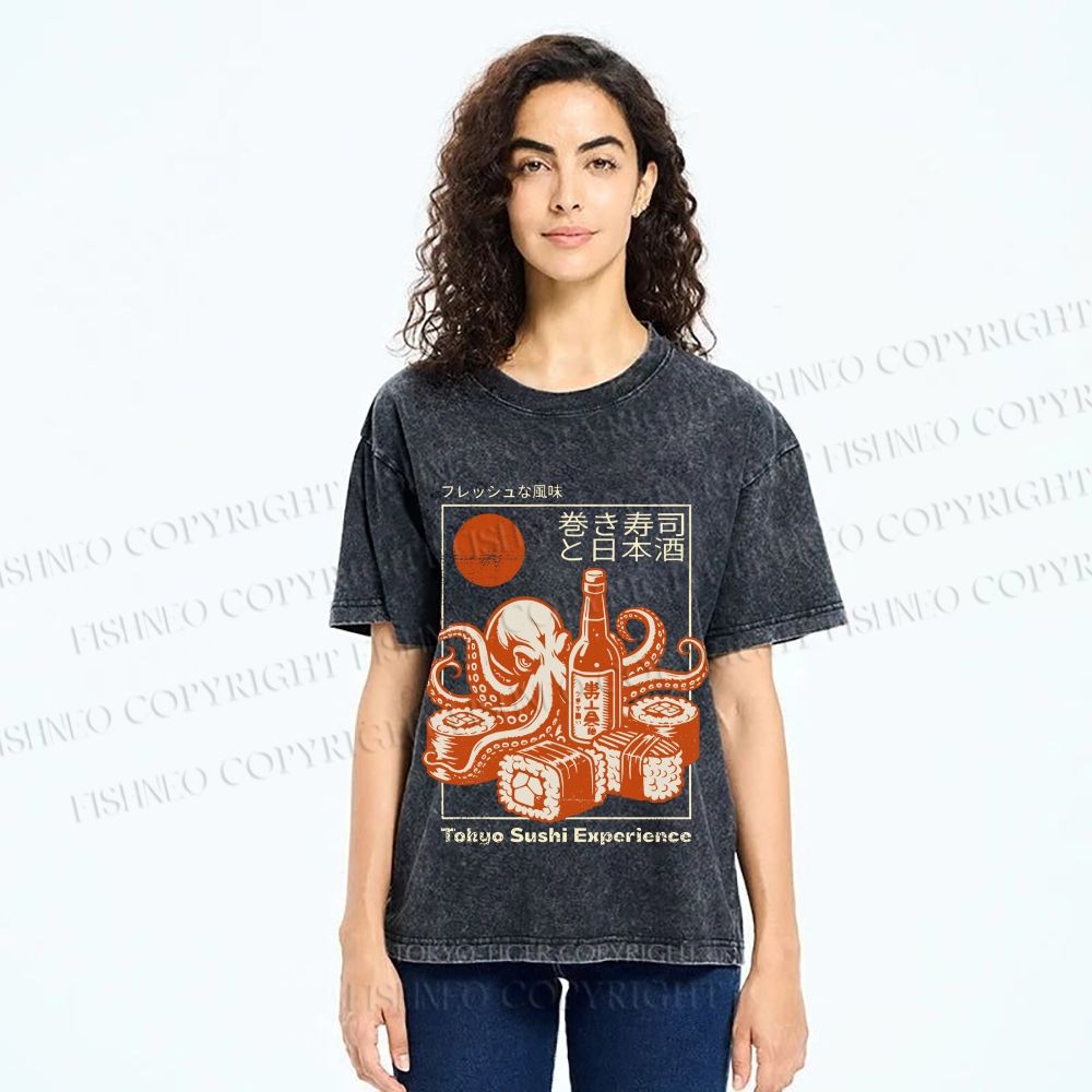 Unisex Octopus Sushi Printed Washed Tee